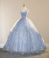 Blue Ball Gown with Scattered Little Flower Prom Dress